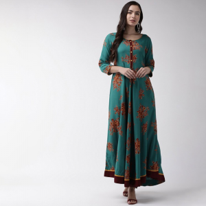 Floral Printed Flared Round Neck Maxi Dress