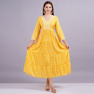 Women V-Neck Ethnic Motifs Print Ruffles Maxi Dress