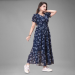 Floral Print Tie-Up Neck Puff Sleeve Maxi Dress