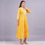 Women V-Neck Ethnic Motifs Print Ruffles Maxi Dress