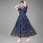 Floral Print Tie-Up Neck Puff Sleeve Maxi Dress