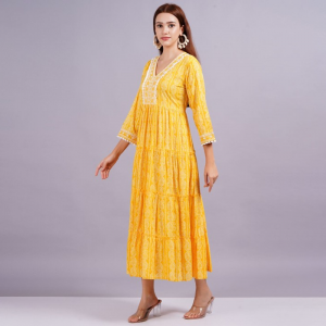 Women V-Neck Ethnic Motifs Print Ruffles Maxi Dress