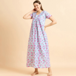 Blue Pure Cotton Printed Maxi Nightdress